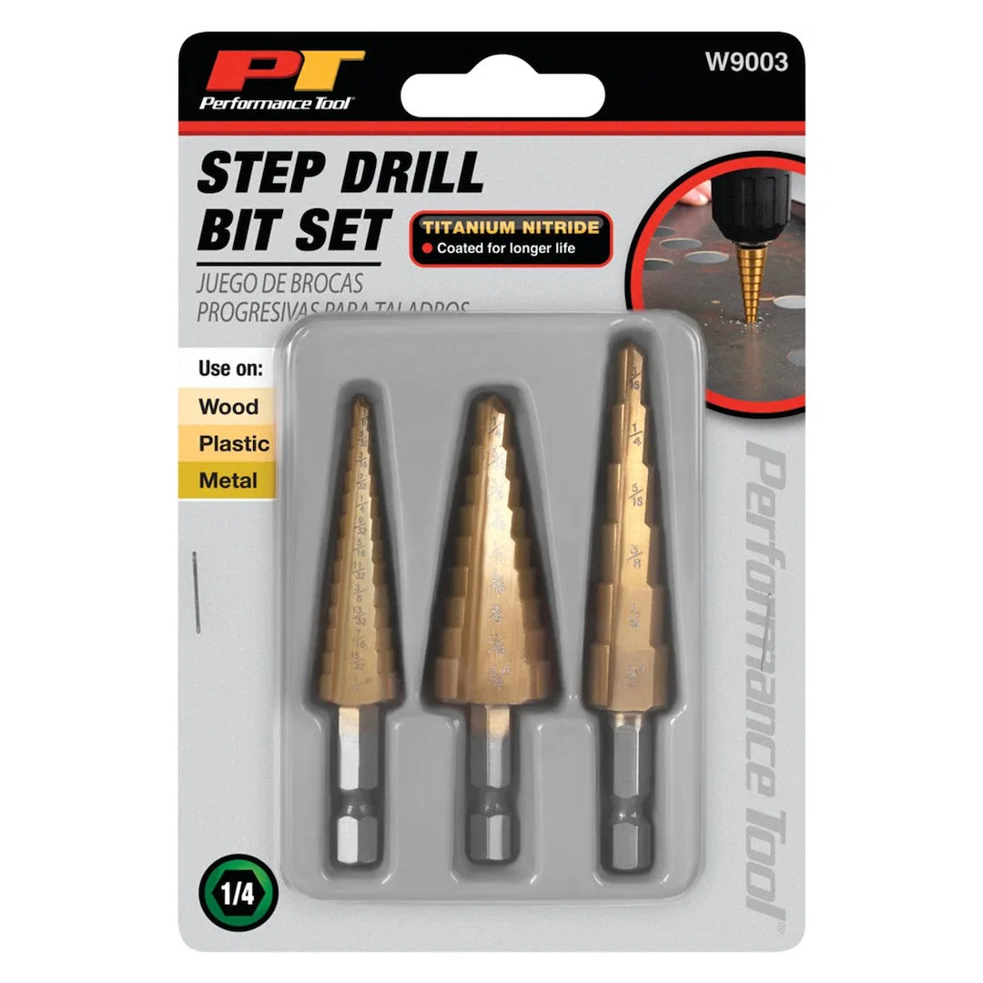 W9003 – PERFORM TOOL Drill Bit, Step Drill 6 Step/ 9 Step/ 13 Step Titanium Nitride Coated Set Of 3 - view 3